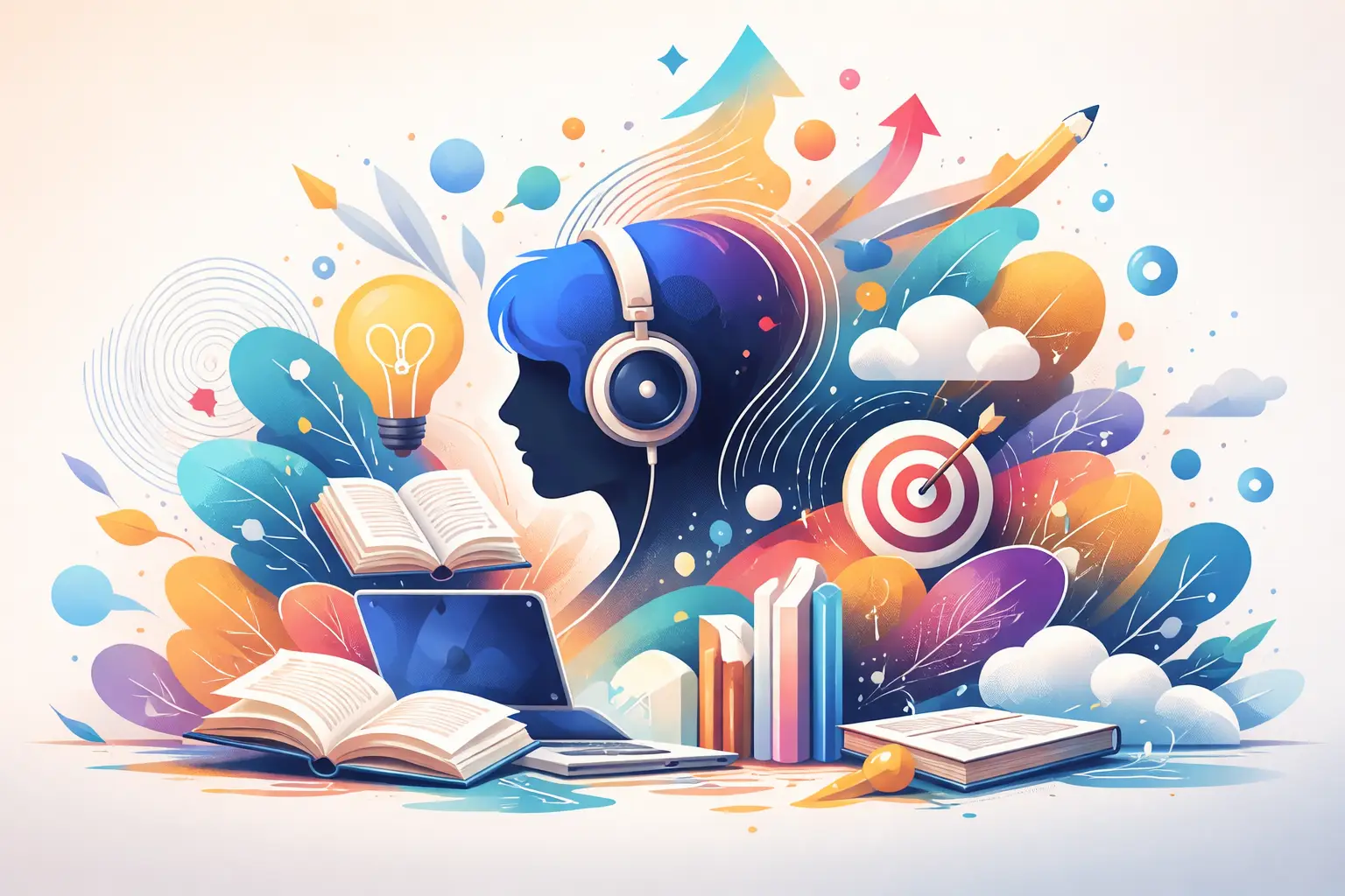Illustration representing learning and personal growth, featuring a student with headphones surrounded by books, ideas, and symbols of creativity and achievement.