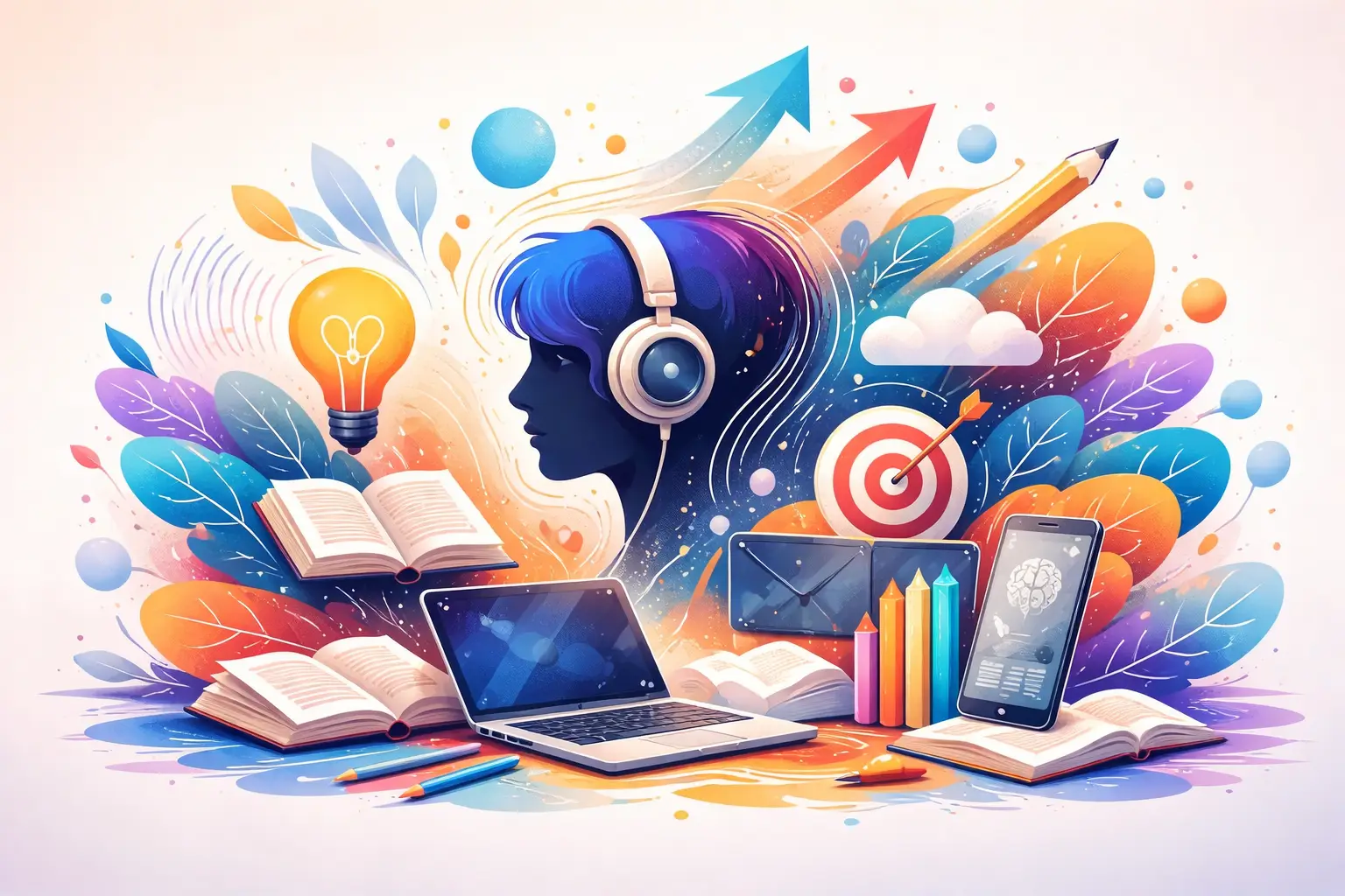Vibrant illustration representing mindful e-learning with audio learning, visualization and personal growth, designed for a modern online learning home page.