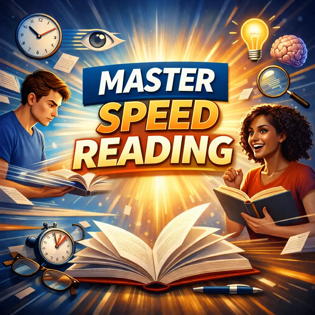 Master speed reading illustration with diverse students reading and learning faster