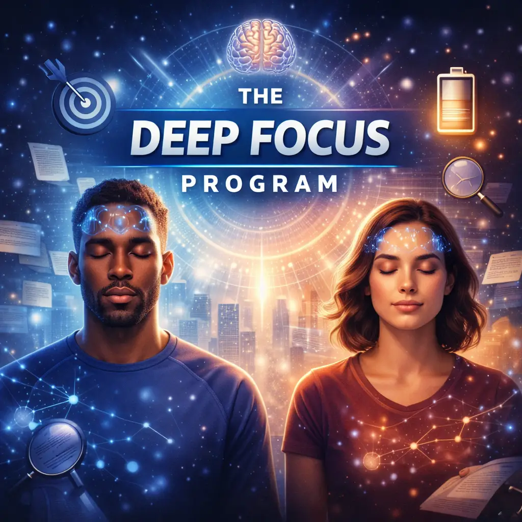The Deep Focus Program illustration with diverse people meditating and improving concentration